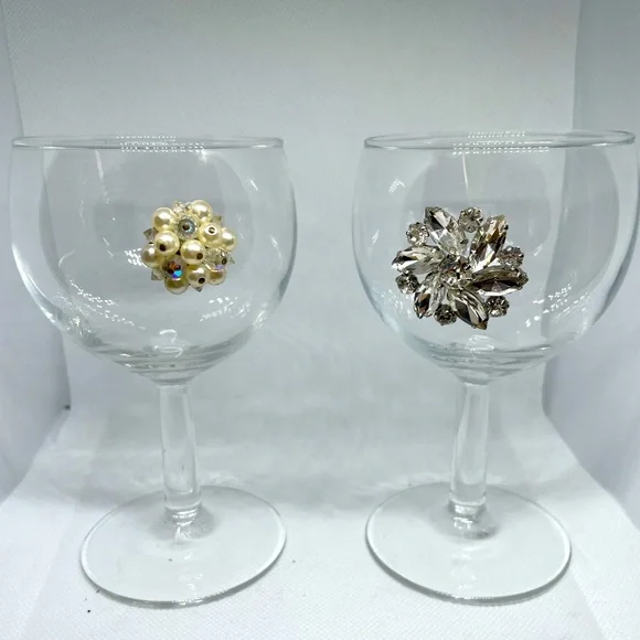 Hand crafted small stemmed wine glass embellished vintage jewelry pearl crystal - Picture 1 of 5